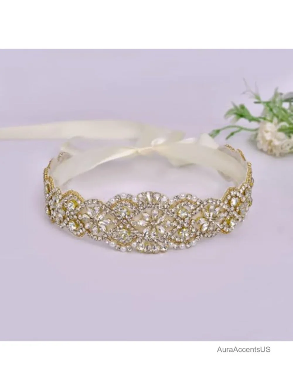Vintage Floral Rhinestone Wedding Waist Sash Belt with Satin Ribbon